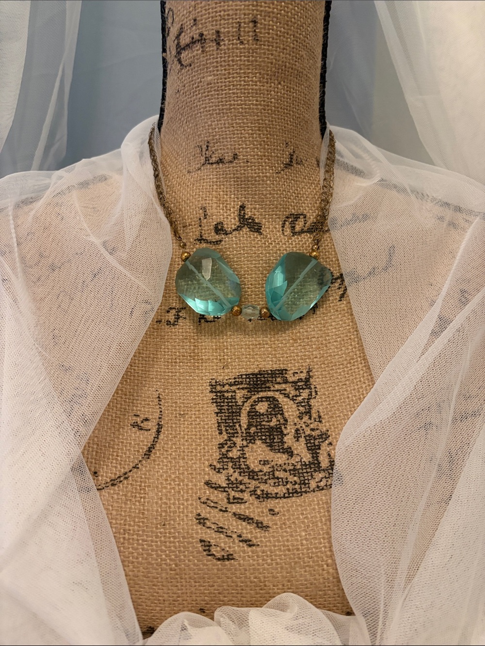 Faceted Teal Glass Statement Necklace - Delicate wire Unbranded